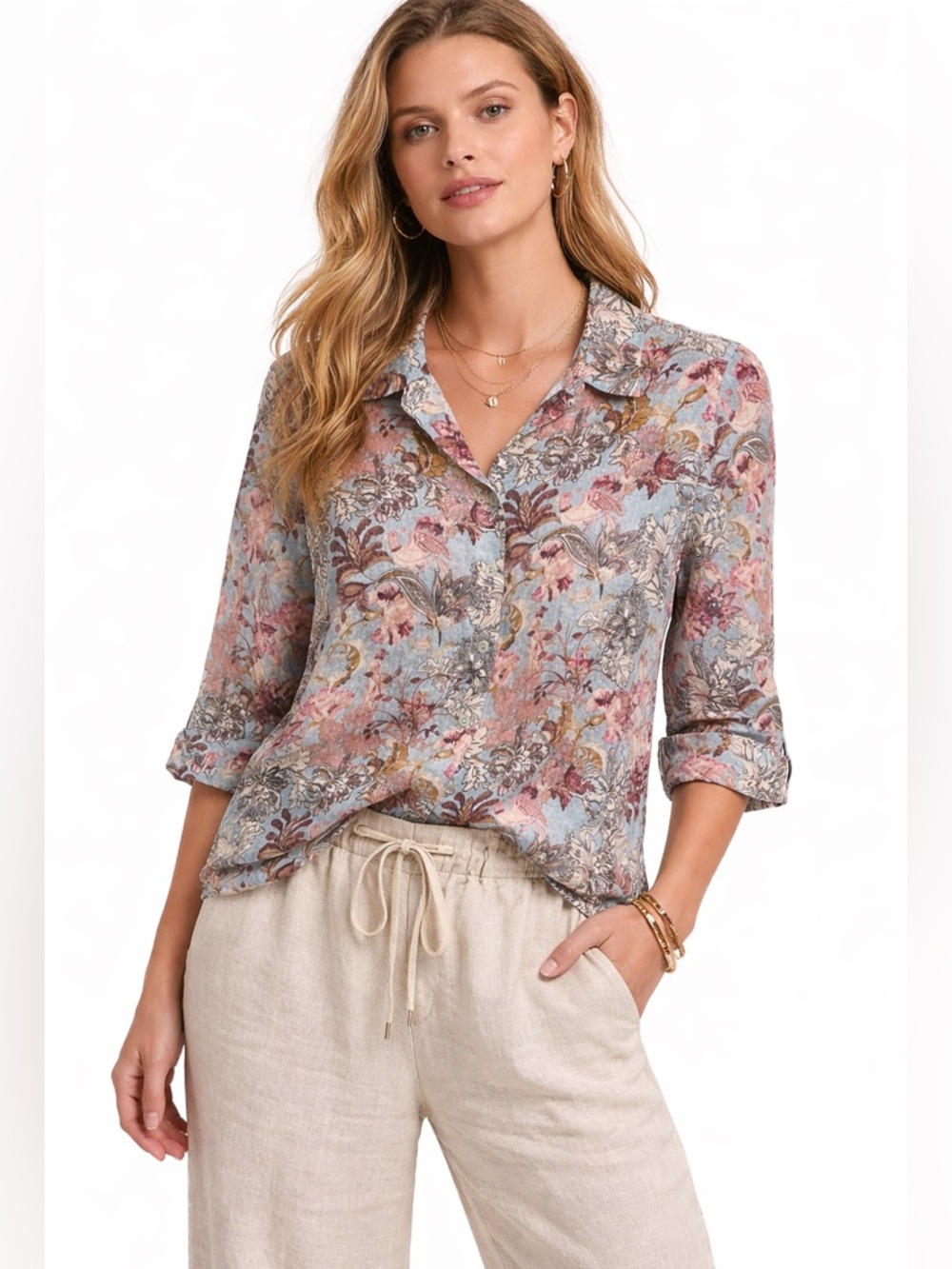 Chicos No Iron Linen Button Down Shirt Blue Floral Paisley 3/4 Sleeve Size 2